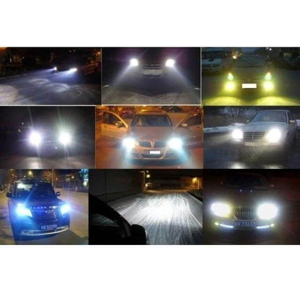 Two Pack Warm White H1 Car Headlight Bulbs for Easy Replacement showing warm white 4300K H1 bulbs illuminating multiple cars at night