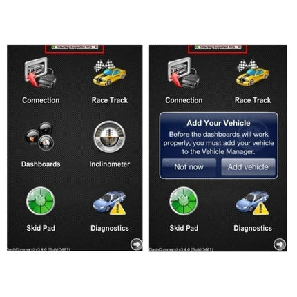 Handy Car Diagnostic Scanner for Everyday Vehicle Maintenance app dashboard showing Connection Race Track Dashboards Diagnostics and Add Your Vehicle prompt