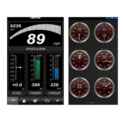 Handy Car Diagnostic Scanner for Everyday Vehicle Maintenance showing speed, RPM, accel, power, torque and engine gauges