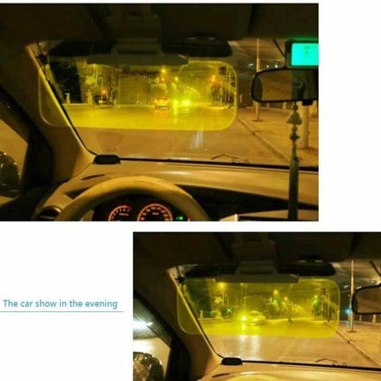 2-In-1 Car Sun Visor Mirror Anti-Glare for Day and Night Driving shown installed reducing night glare with adjustable 32x14 cm yellow visor