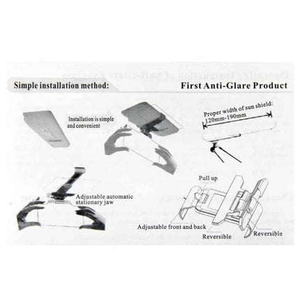 2-In-1 Car Sun Visor Mirror Anti-Glare for Day and Night Driving - diagram showing installation, adjustable jaws, reversible visors, 32x14cm