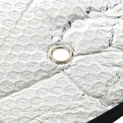 Foldable Car Windshield Sun Shade Keeps Car Cooler 125 By 60 Cm reflective foldable sun shade close-up with metal grommet