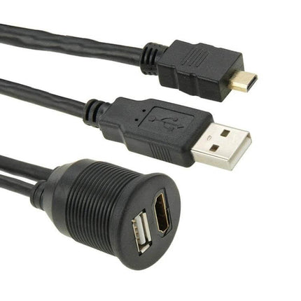 USB and Micro HDMI to USB and HDMI Car Dash Cable 2m - 2m black extension with USB A, micro HDMI and dashboard panel USB/HDMI ports