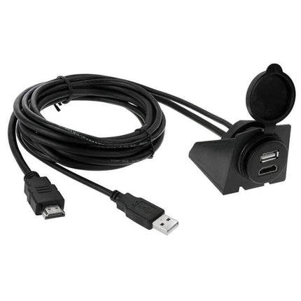 USB 2.0 HDMI Extension Cable 2m for Car Dashboard Setup - 2m black cable with USB A and HDMI connectors and dashboard mount panel
