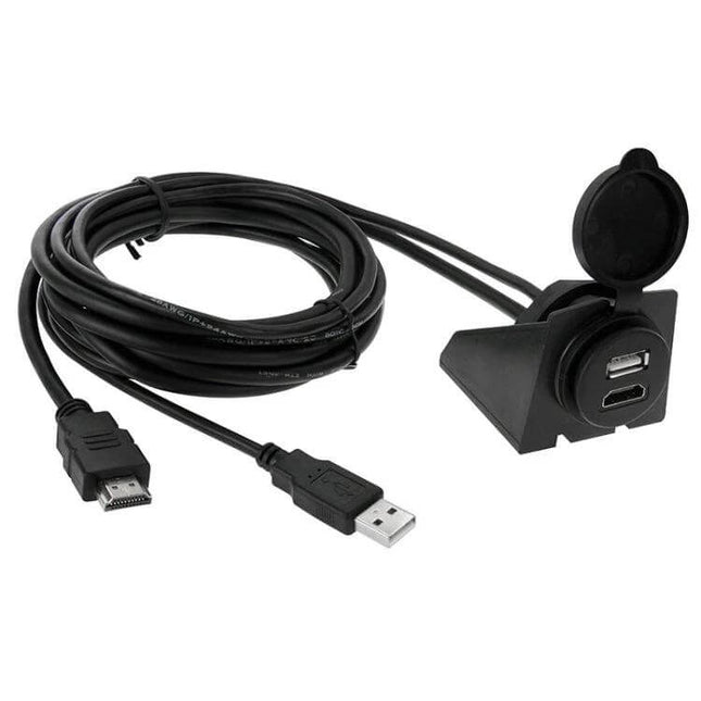 USB 2.0 HDMI Extension Cable 2m for Car Dashboard Setup - 2m black cable with USB A and HDMI connectors and dashboard mount panel