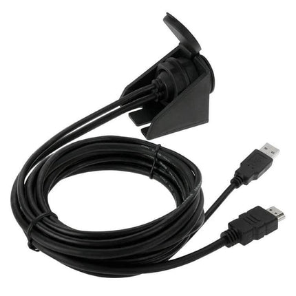 USB 2.0 HDMI Extension Cable 2m for Car Dashboard Setup - 2m black cable with USB and HDMI male connectors and dashboard mounting port