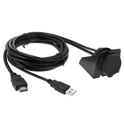 USB 2.0 HDMI Extension Cable 2m for Car Dashboard Setup - 2m cable with USB-A and HDMI connectors and flush-mount dashboard puck