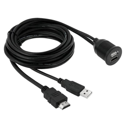 USB 2.0 HDMI Extension Cable 2m for Car Dashboard Setup – 2m black cable with USB and HDMI plugs and dash-mount dual port panel