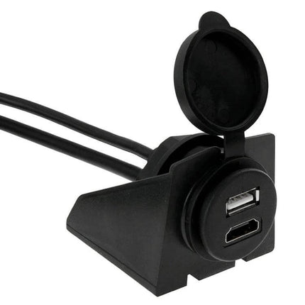 USB 2.0 HDMI Extension Cable 2m for Car Dashboard Setup - black dashboard USB and HDMI extension with protective cap, 2m cable for media/navigation mounting