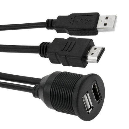 USB 2.0 HDMI Extension Cable 2m for Car Dashboard Setup — black USB and HDMI extension with flush dashboard mount and 2m cable