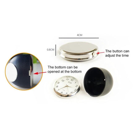 Timeless Mechanical Clock for Daily Car Commutes on dashboard showing 4cm metal case, removable bottom and time-adjust button