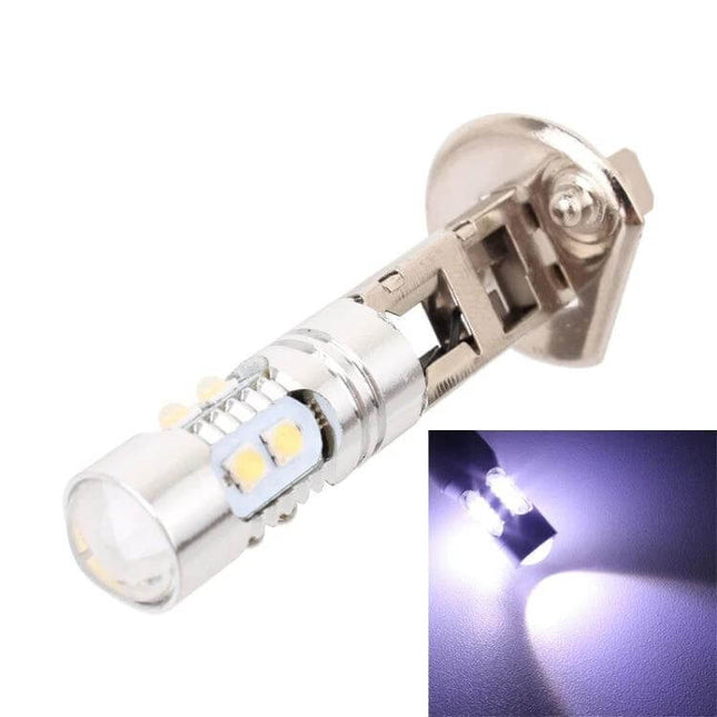 H1 LED Fog Light For Cars White Light Easy Install Everyday Use compact LED bulb shown with bright white beam for fog, driving, and license illumination