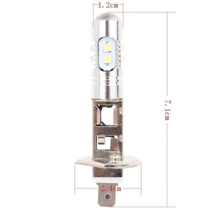 H1 LED Fog Light For Cars White Light Easy Install Everyday Use - compact silver LED bulb with measurements for fog, driving, tail and interior lighting