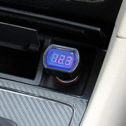 Handy Voltmeter for Monitoring Car Battery Levels on Drives plugged into cigarette lighter showing 12.3V display during drive