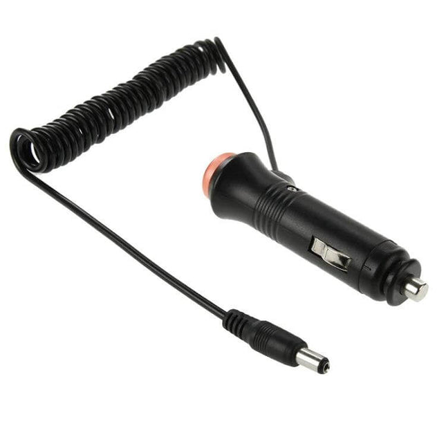 5.5x2.1mm Car Charger Cable With Switch For In Car Use - black coiled 12V cigarette lighter cable with inline switch and DC 5.5x2.1mm plug