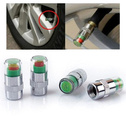 Tire Pressure Monitoring Caps for Daily Vehicle Checks shown installed on car valve stems with green-red indicator and chrome caps