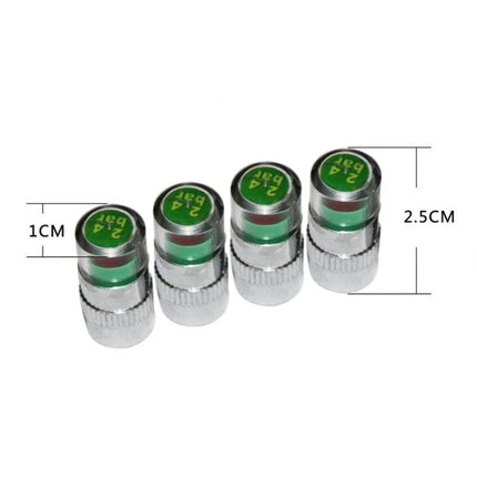 Tire Pressure Monitoring Caps for Daily Vehicle Checks - four chrome valve caps showing green indicator for quick daily tire pressure visual inspection