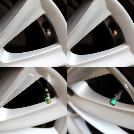 Tire Pressure Monitoring Caps for Daily Vehicle Checks showing colored indicator cap on car wheel valve for quick visual tire inspections