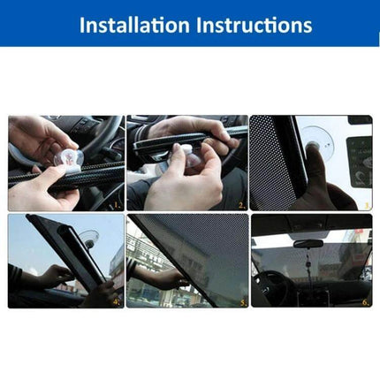 Retractable Sun Shade for Car Back Windshield, 125cm x 45cm - installation instruction collage showing suction cup mounting and retracting steps