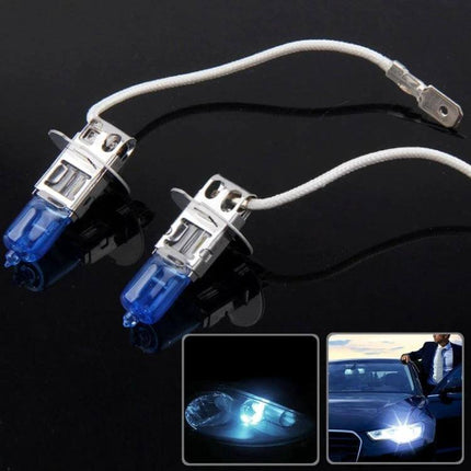 Xenon Style Car Headlight Bulb For Clear Night Driving - blue-tinted replacement bulbs showing connectors and night driving beam demonstration