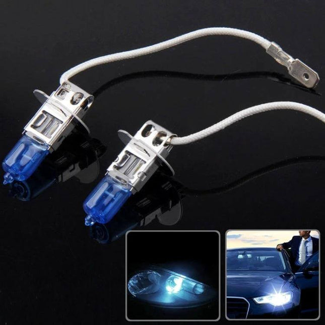 Xenon Style Car Headlight Bulb For Clear Night Driving - blue-tinted replacement bulbs showing connectors and night driving beam demonstration
