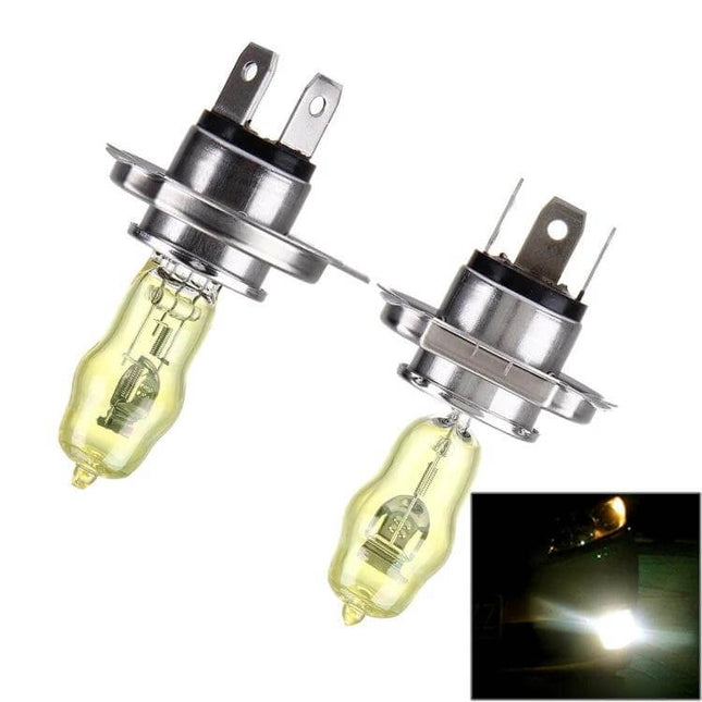 H4 Xenon Pure Yellow Headlight Bulbs For Cars Daily Driving - pair of yellow H4 bulbs showing xenon glass and metal base for improved visibility in fog and rain