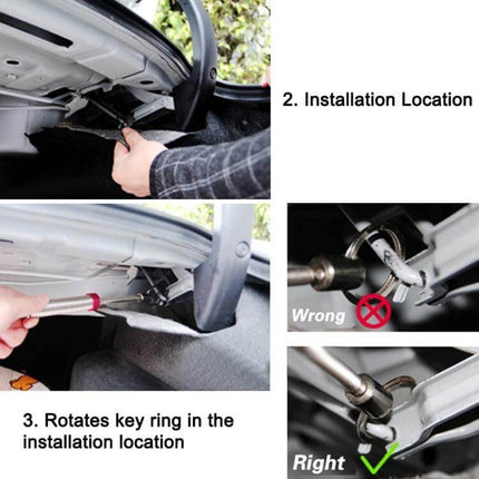 Adjustable Car Trunk Lid Lifting Spring Device For Easy Access showing installation location and correct key ring rotation for retrofit or replacement