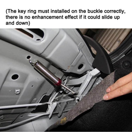 Adjustable Car Trunk Lid Lifting Spring Device For Easy Access installed under trunk lid showing spring, mounting buckle and instruction to fit key ring correctly