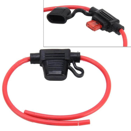 Waterproof Fuse Holder with Wire for DC 12V Circuits shown in red cable with sealed black waterproof housing and removable fuse cap