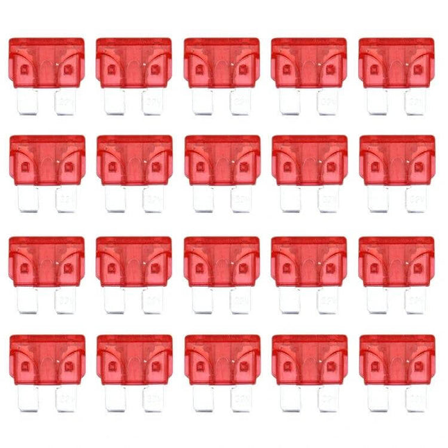 Auto Mini Blade Fuse Set 7 Common Amps For Cars And SUVs - red 7A mini blade fuses arranged in rows for car and SUV 12V electrical repairs