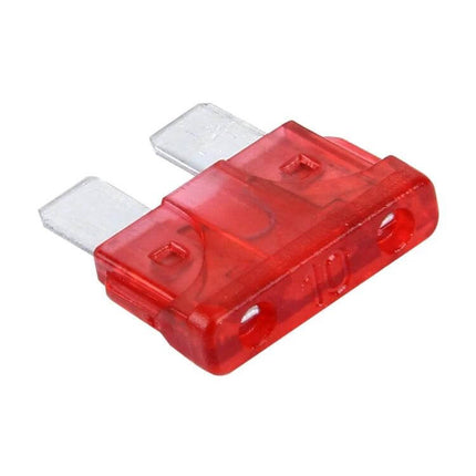 Auto Mini Blade Fuse Set 7 Common Amps For Cars And SUVs - red 10A mini blade fuse close-up for 12V vehicle glove box kit