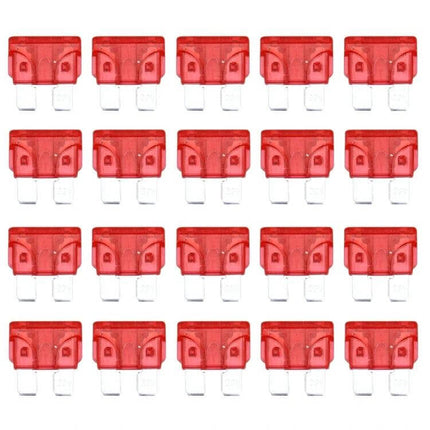 Auto Mini Blade Fuse Set 7 Common Amps For Cars And SUVs - red 7A mini blade fuses arranged in grid for car and SUV 12V electrical repairs