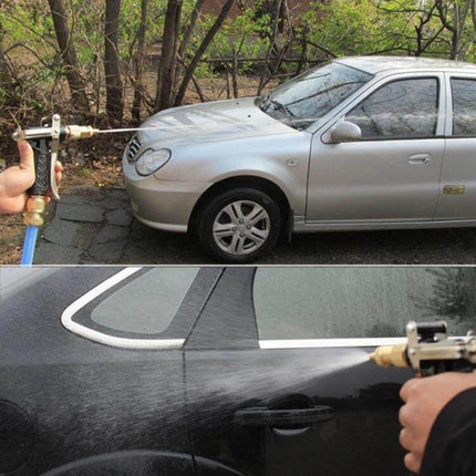 Durable Copper High-Pressure Water Gun for Car and Outdoor Cleaning spraying a silver sedan to remove dirt, copper alloy nozzle attached to hose