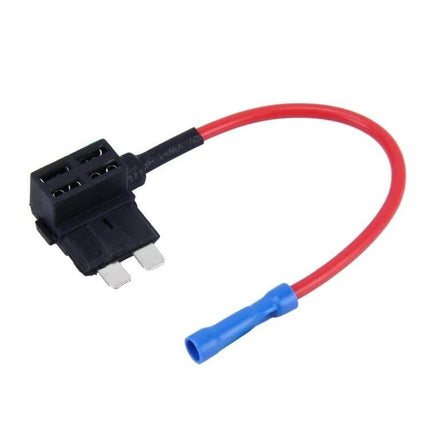 Add A Circuit TAP Adapter Blade Fuse Holder Medium Size black inline fuse tap with red lead and blue crimp connector for 12V accessories
