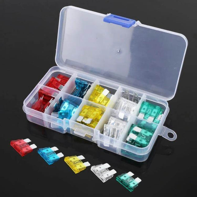 50 Pack Car Blade Fuses Assorted Amp Ratings For Vehicle - clear plastic organizer with 50 multicolored blade fuses (10A 15A 20A 25A 30A)