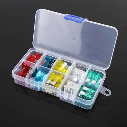 50 Pack Car Blade Fuses Assorted Amp Ratings For Vehicle - clear plastic organizer with red, blue, yellow, clear, green blade fuses for car repairs