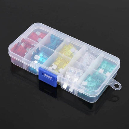 50 Pack Car Blade Fuses Assorted Amp Ratings For Vehicle - clear plastic organizer with red, blue, yellow, green and clear blade fuses for car repairs