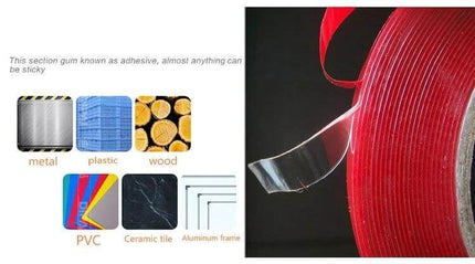 Transparent Double-Sided Adhesive Tape for Repairs, 2cm x 10m – clear strong double-sided tape roll shown with examples of metal, plastic, wood, PVC, ceramic tile adhesion