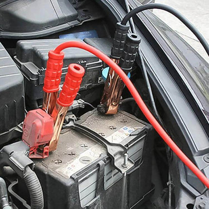 100A Car Battery Terminal Alligator Clips, For Battery Charging Pair attached to car battery with red and black cables