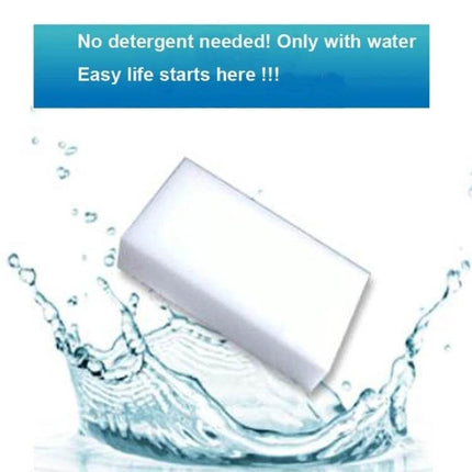 High-Density Nanometer Cleaning Sponge for Everyday Home Surfaces - white melamine sponge shown splashing water, cleans with only water, no detergent needed
