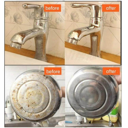 High-Density Nanometer Cleaning Sponge for Everyday Home Surfaces cleaning faucet and pan before and after results, removes grime with just water