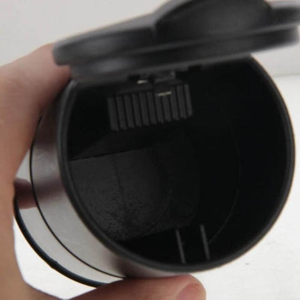 Portable Car Ashtray, Compact 6.9x6.9x10 Cm For Travel - black travel car ashtray shown open, compact interior and lid for easy cleaning