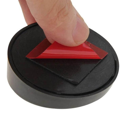 Compact Set of 2 Black Round Blind Spot Mirrors for Cars - closeup of round black mirror backing with red double-side tape being peeled for easy attachment