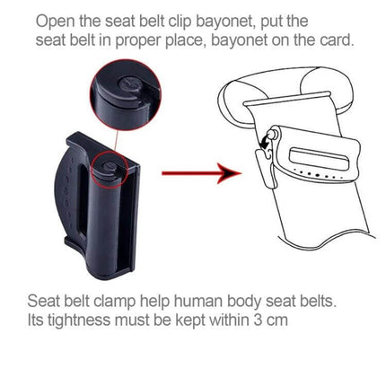 2 Pack Car Safety Seat Belt Adjuster For Comfortable Shoulder Fit - black plastic clamp shows clip-on installation and instructions
