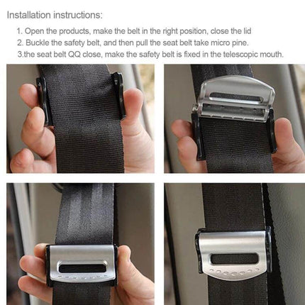 2 Pack Car Safety Seat Belt Adjuster For Comfortable Shoulder Fit showing hands installing adjuster on seat belt in four-panel instruction image