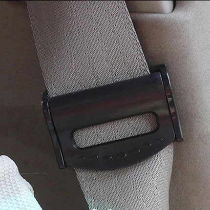2 Pack Car Safety Seat Belt Adjuster For Comfortable Shoulder Fit - black plastic clip on seat belt adjuster installed on shoulder strap