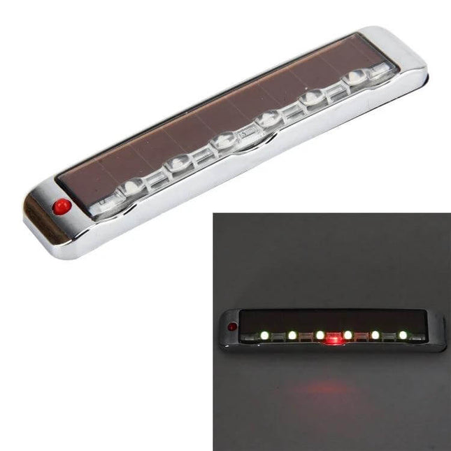 Car Styling Solar Flash LED Anti-Collision Light For Door Handles - chrome solar LED strip showing red and white flashing lights for nighttime visibility