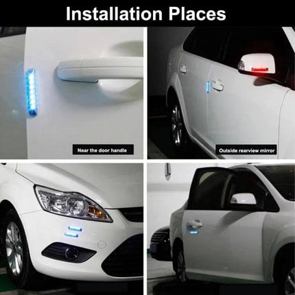 Car Styling Solar Flash LED Anti-Collision Light For Door Handles mounted near door handle and mirror showing blue LED warning on white car