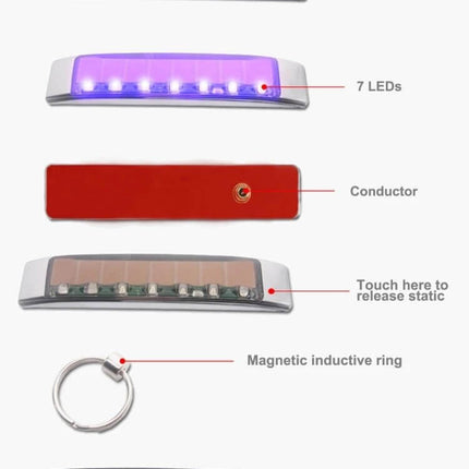 Car Styling Solar Flash LED Anti-Collision Light For Door Handles showing solar receiver, 7 LEDs, conductor, magnetic inductive ring and adhesive backing