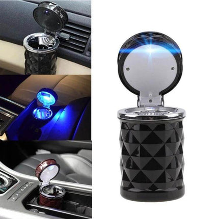 Diamond Facets Car Ashtray With LED Light For Clean On The Go - black diamond facet car ashtray with sealed lid and blue LED